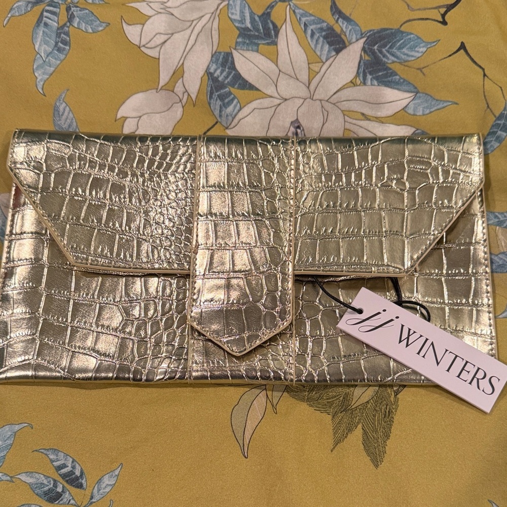 JJ Winters Metallic Gold Croc Clutch